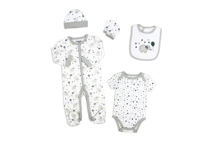 Grey Balloon and Elephant 5pc Gift Set - Sz 0-3 mth